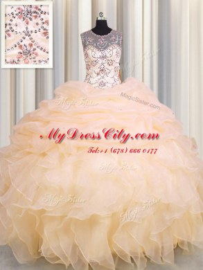 Scoop See Through Sleeveless Lace Up Floor Length Beading and Ruffles and Pick Ups Sweet 16 Dress