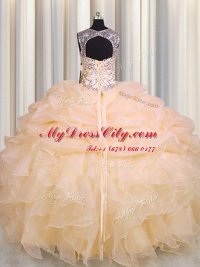 Scoop See Through Sleeveless Lace Up Floor Length Beading and Ruffles and Pick Ups Sweet 16 Dress