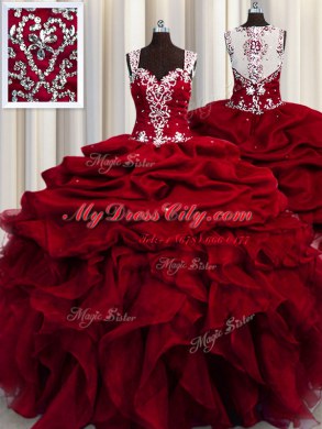 See Through Straps Sleeveless Organza Sweet 16 Quinceanera Dress Beading and Ruffles and Sequins Zipper