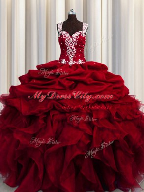 See Through Straps Sleeveless Organza Sweet 16 Quinceanera Dress Beading and Ruffles and Sequins Zipper