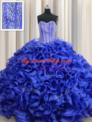 Superior Visible Boning Sweetheart Sleeveless Lace Up 15 Quinceanera Dress Royal Blue Organza