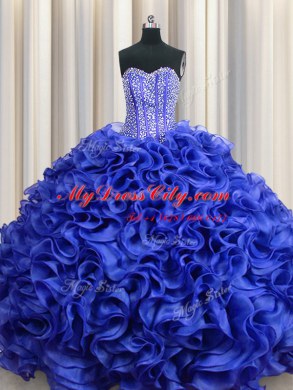 Superior Visible Boning Sweetheart Sleeveless Lace Up 15 Quinceanera Dress Royal Blue Organza