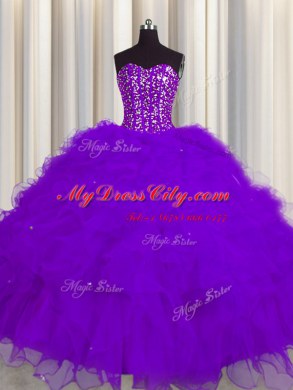 Perfect Visible Boning Purple Lace Up Sweet 16 Dresses Beading and Ruffles and Sequins Sleeveless Floor Length