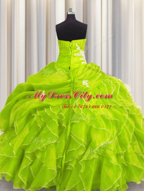 Sleeveless Floor Length Beading and Appliques and Ruffles Lace Up Ball Gown Prom Dress with