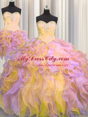 Customized Three Piece Sleeveless Beading and Appliques and Ruffles Lace Up Quinceanera Gown