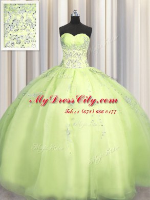 Sweet Big Puffy Organza Sleeveless Floor Length Vestidos de Quinceanera and Beading and Appliques