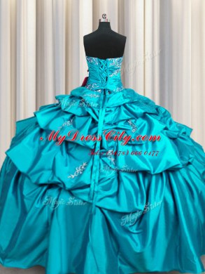 Nice Teal Strapless Lace Up Appliques and Pick Ups Quinceanera Dresses Sleeveless