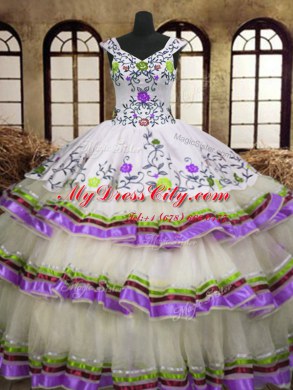 Multi-color Sleeveless Embroidery and Ruffled Layers Floor Length Quinceanera Gown