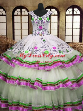 Fantastic Embroidery Ruffled Layers A-line Sweet 16 Quinceanera Dress Multi-color V-neck Organza Sleeveless Floor Length Lace Up