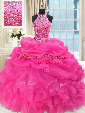 See Through Beaded Bodice Floor Length Hot Pink Sweet 16 Dresses High-neck Sleeveless Lace Up