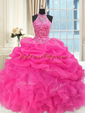 See Through Beaded Bodice Floor Length Hot Pink Sweet 16 Dresses High-neck Sleeveless Lace Up