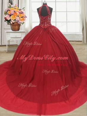 Pretty Red Sweet 16 Quinceanera Dress Halter Top Sleeveless Court Train Lace Up