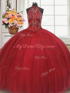 Pretty Red Sweet 16 Quinceanera Dress Halter Top Sleeveless Court Train Lace Up