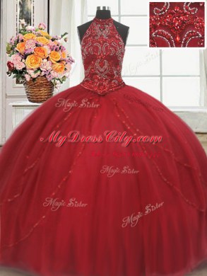 Pretty Red Sweet 16 Quinceanera Dress Halter Top Sleeveless Court Train Lace Up