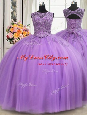 Most Popular See Through Lavender Scoop Neckline Beading and Appliques Sweet 16 Dresses Sleeveless Lace Up