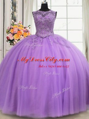 Most Popular See Through Lavender Scoop Neckline Beading and Appliques Sweet 16 Dresses Sleeveless Lace Up