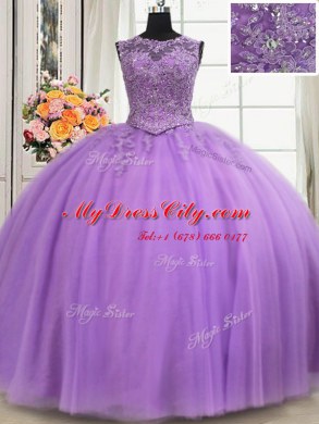 Most Popular See Through Lavender Scoop Neckline Beading and Appliques Sweet 16 Dresses Sleeveless Lace Up