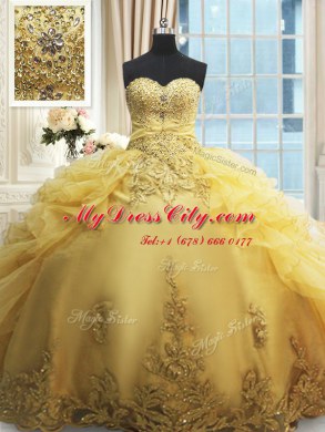 Gold Organza Lace Up 15 Quinceanera Dress Sleeveless Floor Length Beading and Appliques and Ruffles