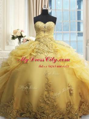 Gold Organza Lace Up 15 Quinceanera Dress Sleeveless Floor Length Beading and Appliques and Ruffles