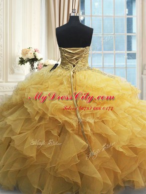 Gold Organza Lace Up 15 Quinceanera Dress Sleeveless Floor Length Beading and Appliques and Ruffles