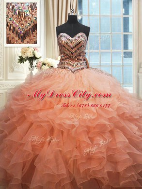 Deluxe Beaded Bodice Floor Length Ball Gowns Sleeveless Watermelon Red and Peach Vestidos de Quinceanera Lace Up