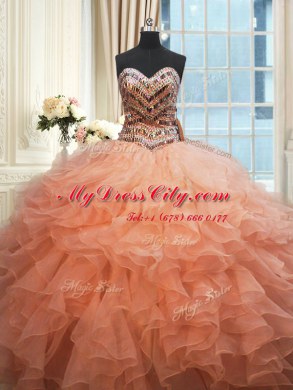 Deluxe Beaded Bodice Floor Length Ball Gowns Sleeveless Watermelon Red and Peach Vestidos de Quinceanera Lace Up
