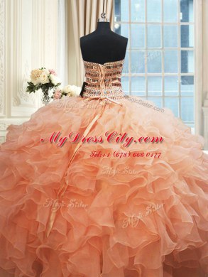 Deluxe Beaded Bodice Floor Length Ball Gowns Sleeveless Watermelon Red and Peach Vestidos de Quinceanera Lace Up