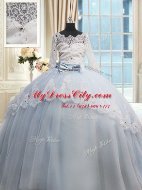 Modest Scalloped Half Sleeves Brush Train Lace Up Sweet 16 Dresses Light Blue Tulle