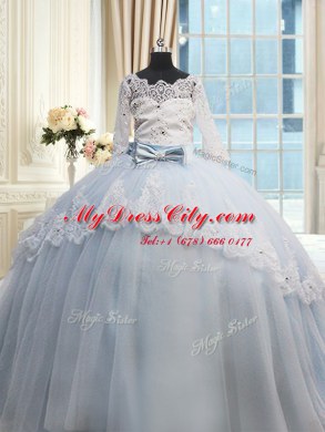 Modest Scalloped Half Sleeves Brush Train Lace Up Sweet 16 Dresses Light Blue Tulle