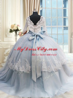 Modest Scalloped Half Sleeves Brush Train Lace Up Sweet 16 Dresses Light Blue Tulle