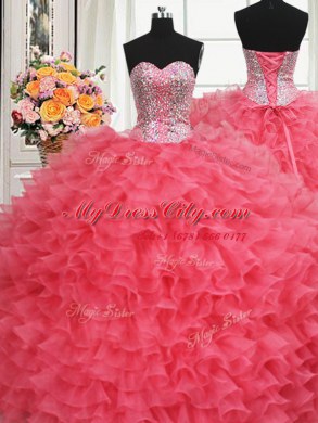 Noble Beaded Bodice Coral Red Lace Up Quinceanera Dresses Beading and Ruffles Sleeveless Floor Length