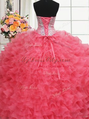 Noble Beaded Bodice Coral Red Lace Up Quinceanera Dresses Beading and Ruffles Sleeveless Floor Length