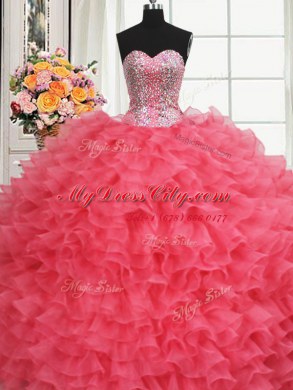 Noble Beaded Bodice Coral Red Lace Up Quinceanera Dresses Beading and Ruffles Sleeveless Floor Length