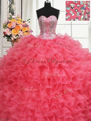 Noble Beaded Bodice Coral Red Lace Up Quinceanera Dresses Beading and Ruffles Sleeveless Floor Length
