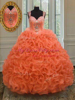Straps Beading and Ruffles Quince Ball Gowns Orange Red Zipper Sleeveless Floor Length
