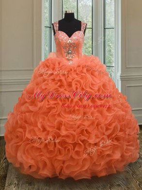 Straps Beading and Ruffles Quince Ball Gowns Orange Red Zipper Sleeveless Floor Length
