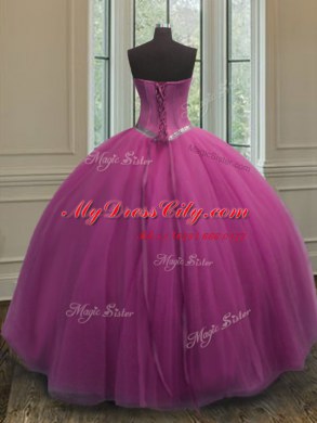 Sleeveless Tulle Floor Length Lace Up Quinceanera Dress in Lilac with Beading