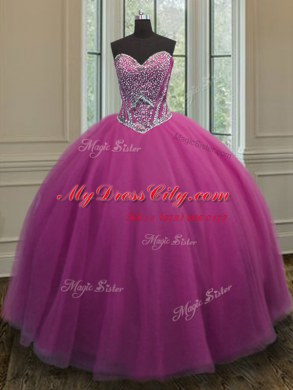 Sleeveless Tulle Floor Length Lace Up Quinceanera Dress in Lilac with Beading