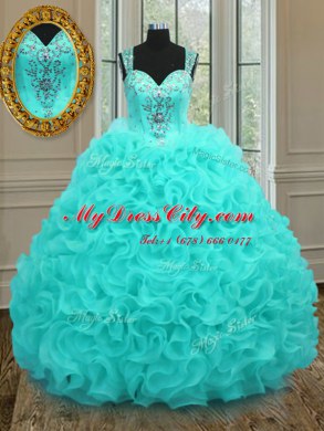 Straps Sleeveless Organza Floor Length Zipper Sweet 16 Dress in Aqua Blue with Beading and Ruffles