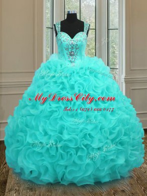Straps Sleeveless Organza Floor Length Zipper Sweet 16 Dress in Aqua Blue with Beading and Ruffles