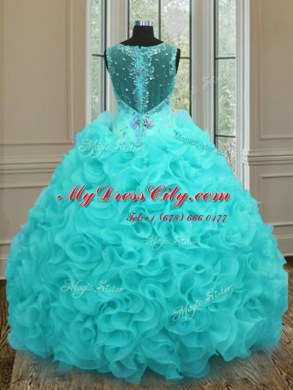 Straps Sleeveless Organza Floor Length Zipper Sweet 16 Dress in Aqua Blue with Beading and Ruffles