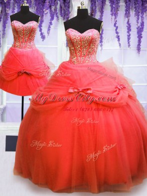 Free and Easy Three Piece Sweetheart Sleeveless Tulle Sweet 16 Quinceanera Dress Beading and Bowknot Lace Up