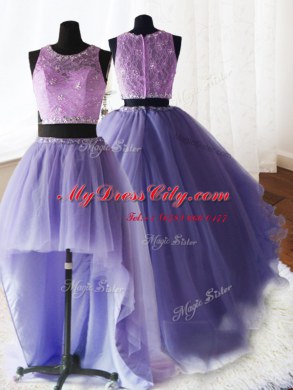 Flirting Three Piece Lavender Ball Gowns Organza and Tulle and Lace Scoop Sleeveless Beading and Lace and Ruffles With Train Zipper Vestidos de Quinceanera Brush Train