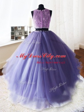 Flirting Three Piece Lavender Ball Gowns Organza and Tulle and Lace Scoop Sleeveless Beading and Lace and Ruffles With Train Zipper Vestidos de Quinceanera Brush Train