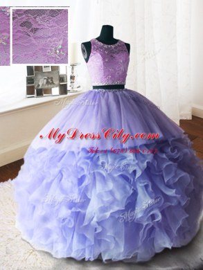 Flirting Three Piece Lavender Ball Gowns Organza and Tulle and Lace Scoop Sleeveless Beading and Lace and Ruffles With Train Zipper Vestidos de Quinceanera Brush Train