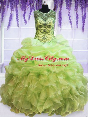 New Style Scoop Yellow Green Sleeveless Beading and Pick Ups Floor Length Sweet 16 Quinceanera Dress