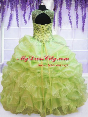 New Style Scoop Yellow Green Sleeveless Beading and Pick Ups Floor Length Sweet 16 Quinceanera Dress
