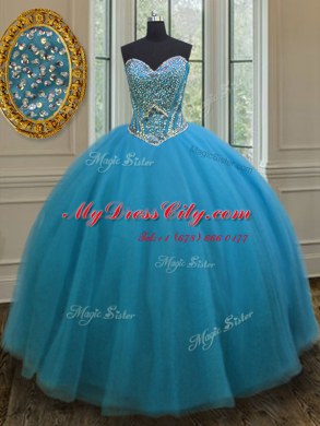 Teal Sleeveless Tulle Lace Up Ball Gown Prom Dress for Military Ball and Sweet 16 and Quinceanera