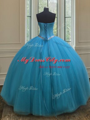 Teal Sleeveless Tulle Lace Up Ball Gown Prom Dress for Military Ball and Sweet 16 and Quinceanera