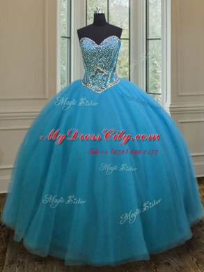 Teal Sleeveless Tulle Lace Up Ball Gown Prom Dress for Military Ball and Sweet 16 and Quinceanera